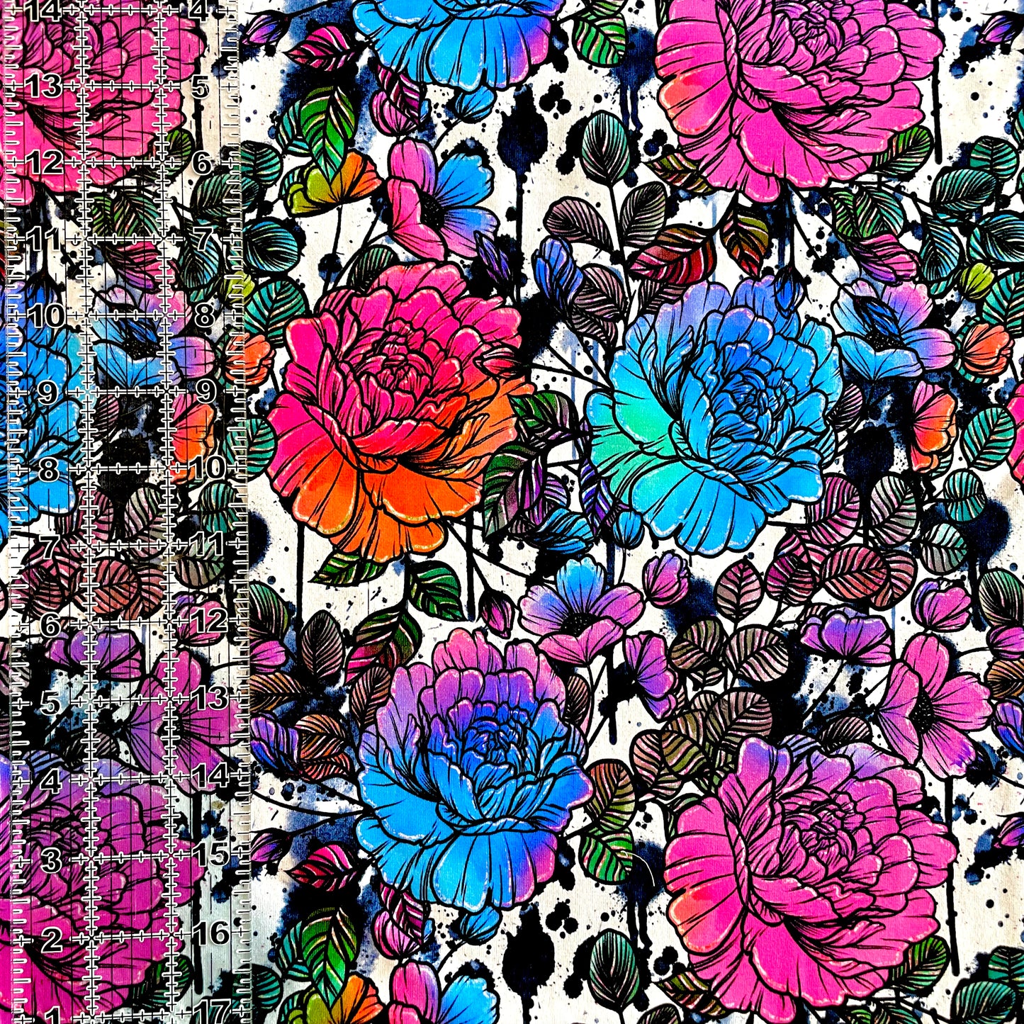 9x14 Tumbler Cut, Custom Fabric, CottonSpandex, High Quality, Mask Cut, Tumbler Fabric, Whim, Neon Rainbow Sketchy Floral