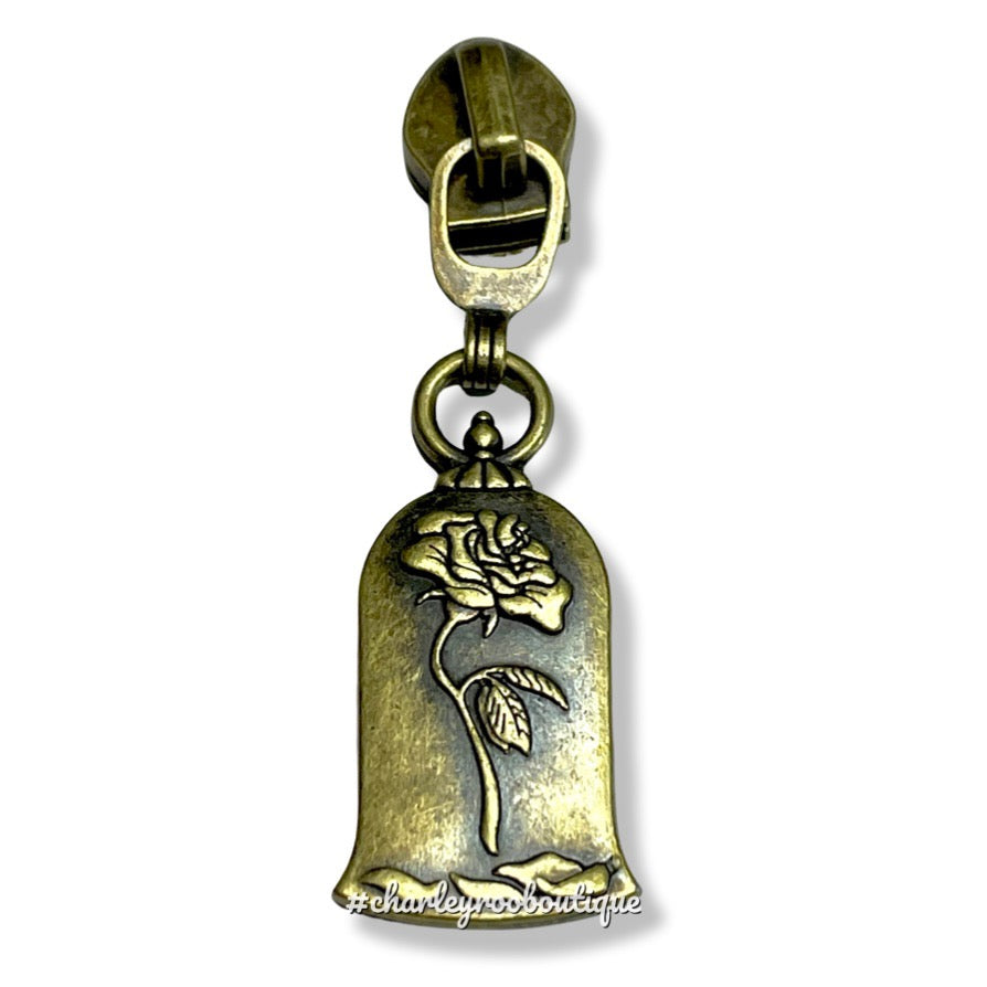 Zipper Pull, Rose in Glass, Antique Brass