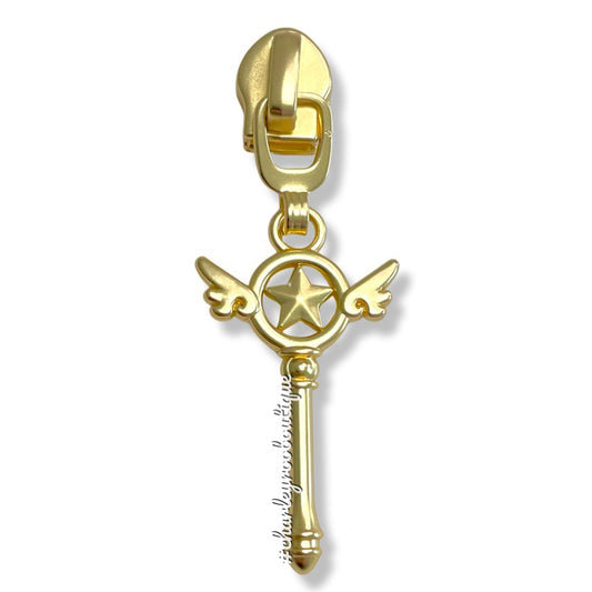 Zipper Pull, Flying Star Wand, Matte Gold