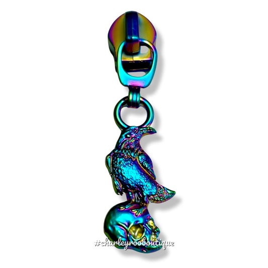 Zipper Pull, Nevermore, Raven on Skull, Matte Rainbow