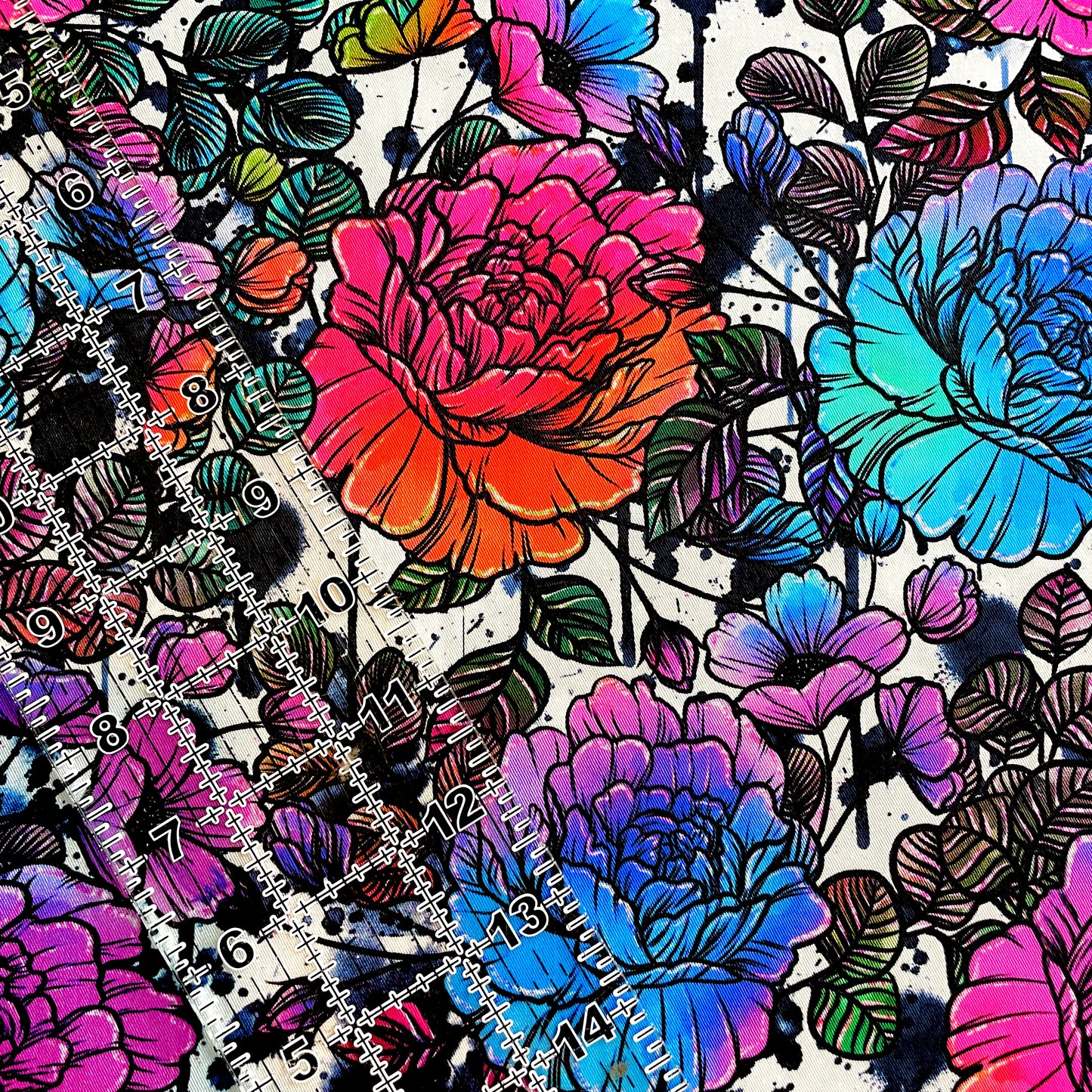 9x14 Tumbler Cut, Custom Fabric, CW Cotton Woven, High Quality, Mask Cut, Tumbler Fabric, Whim, Neon Rainbow Sketchy Floral