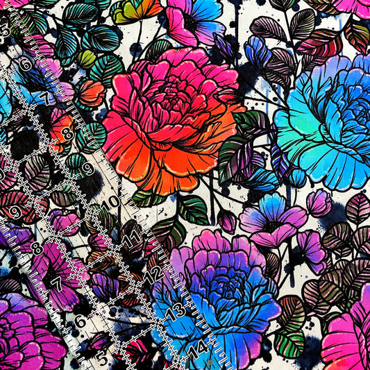 9x14 Tumbler Cut, Custom Fabric, CW Cotton Woven, High Quality, Mask Cut, Tumbler Fabric, Whim, Neon Rainbow Sketchy Floral