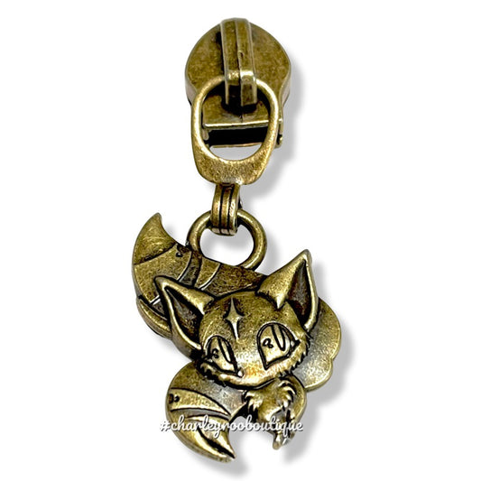 Zipper Pull, Two Tailed Fox, Antique Brass