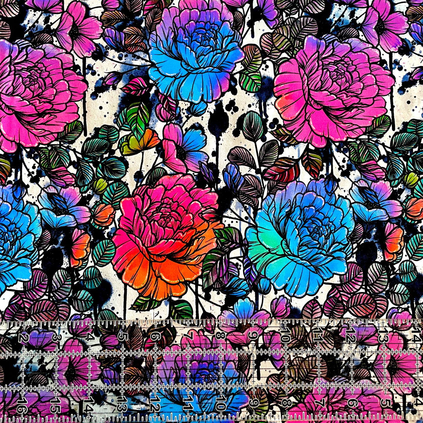 9x14 Tumbler Cut, Custom Fabric, CottonSpandex, High Quality, Mask Cut, Tumbler Fabric, Whim, Neon Rainbow Sketchy Floral