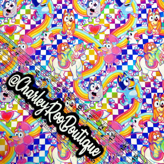 9x14 Tumbler Cut, Custom Fabric, CW Cotton Woven, High Quality, Mask Cut, Tumbler Fabric, Disney, Cute, Blue, Dogs, Puppy, Checker Rainbow Heelers