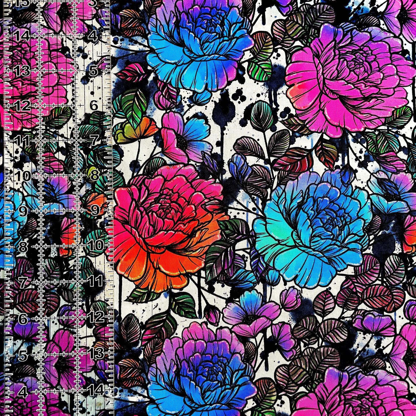 9x14 Tumbler Cut, Custom Fabric, CW Cotton Woven, High Quality, Mask Cut, Tumbler Fabric, Whim, Neon Rainbow Sketchy Floral