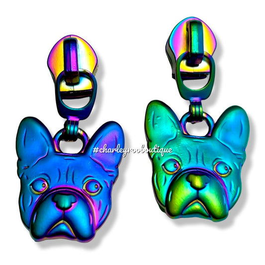 Zipper Pull, Dog, Frenchie, Matte Rainbow