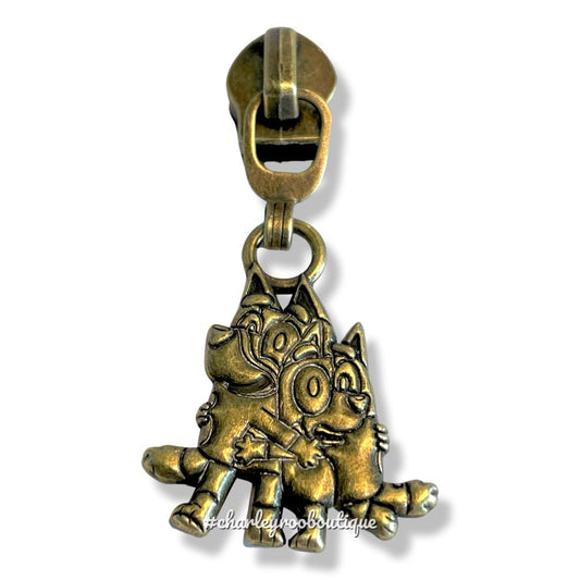 Zipper Pull, Bluey, Heeler Pups, Antique Bronze