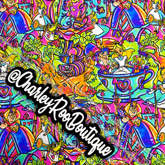 9x14 Tumbler Cut, Custom Fabric, CW Cotton Woven, High Quality, Mask Cut, Tumbler Fabric, Wonderland, Vibrant, Burton, Neon Alice