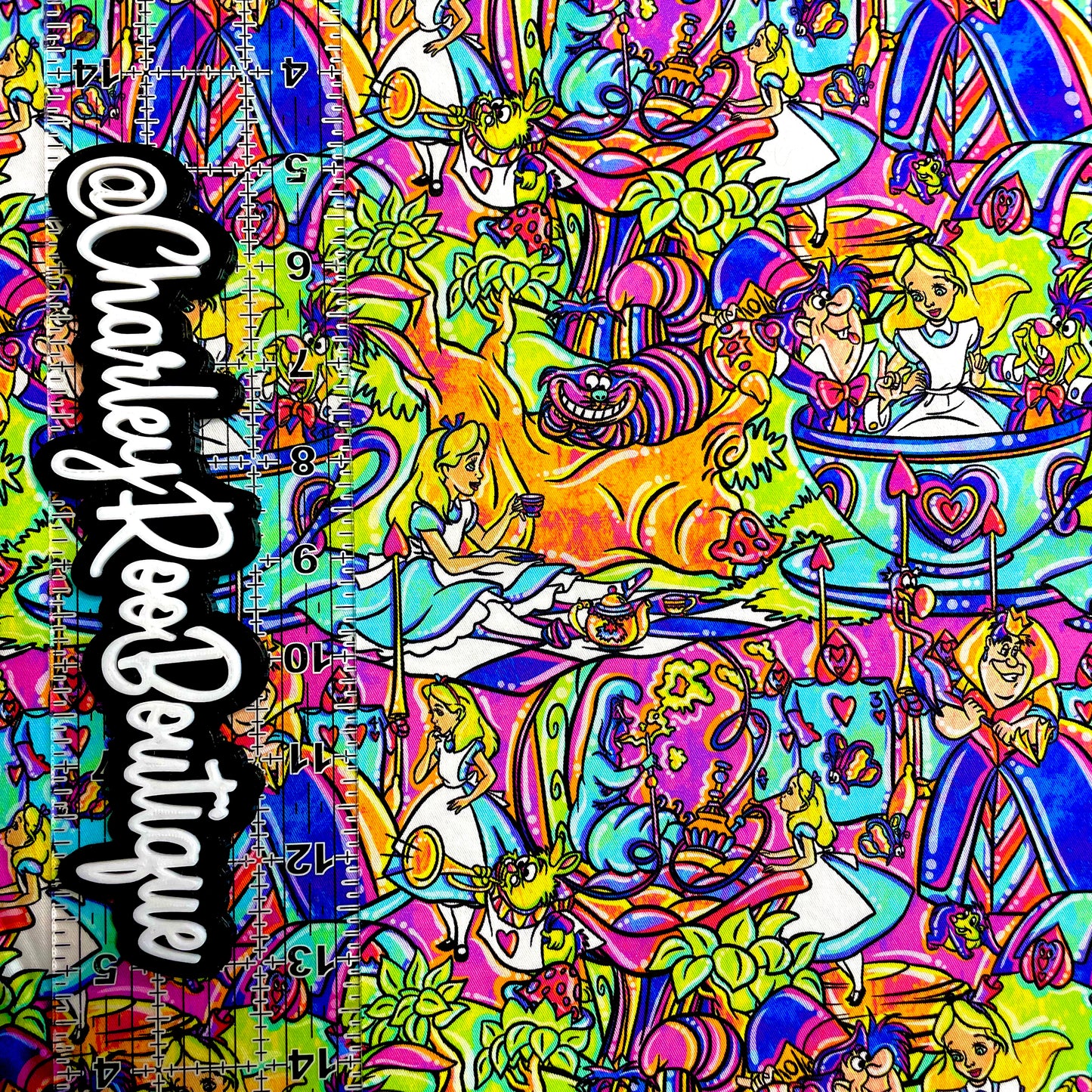 9x14 Tumbler Cut, Custom Fabric, CW Cotton Woven, High Quality, Mask Cut, Tumbler Fabric, Wonderland, Vibrant, Burton, Neon Alice