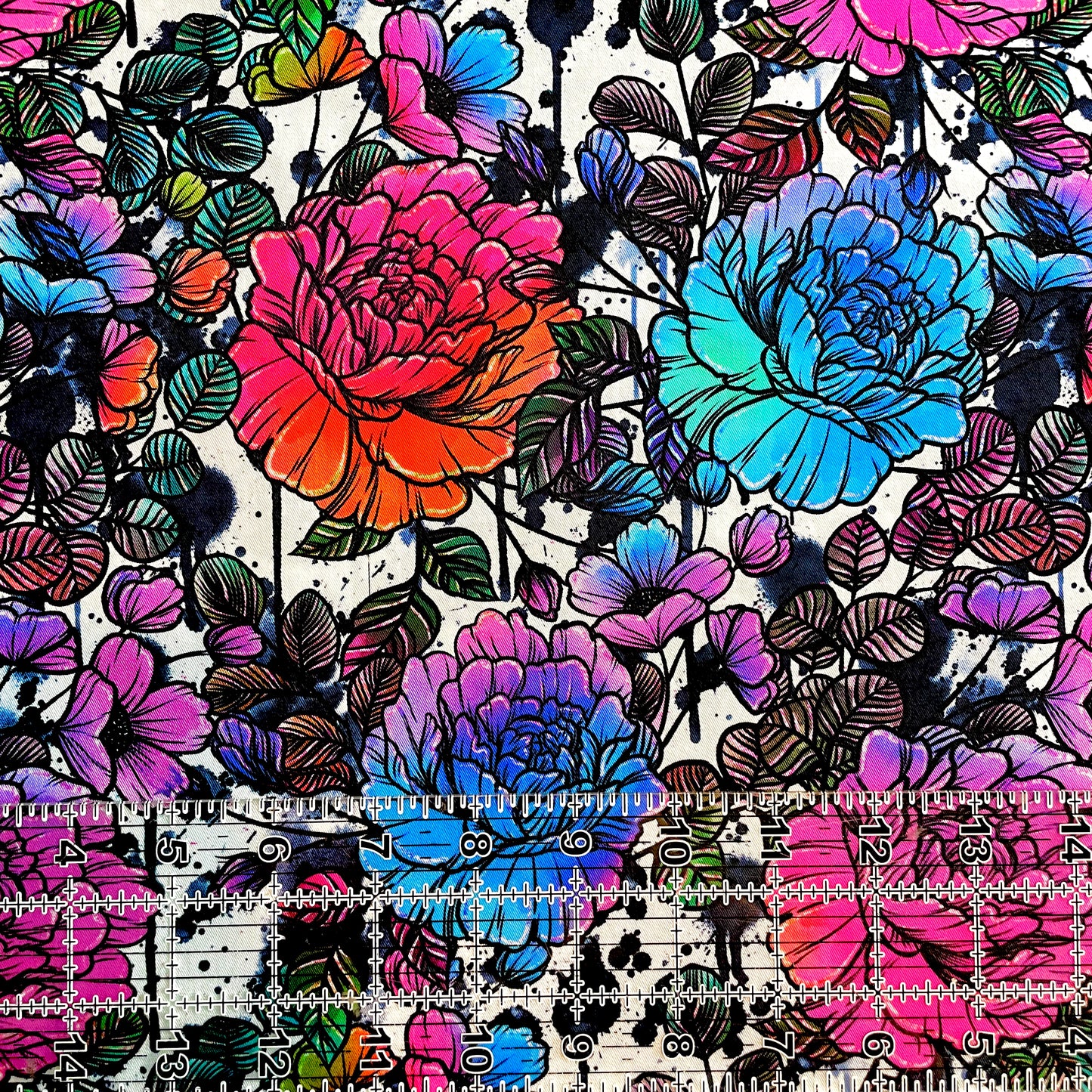 9x14 Tumbler Cut, Custom Fabric, CW Cotton Woven, High Quality, Mask Cut, Tumbler Fabric, Whim, Neon Rainbow Sketchy Floral