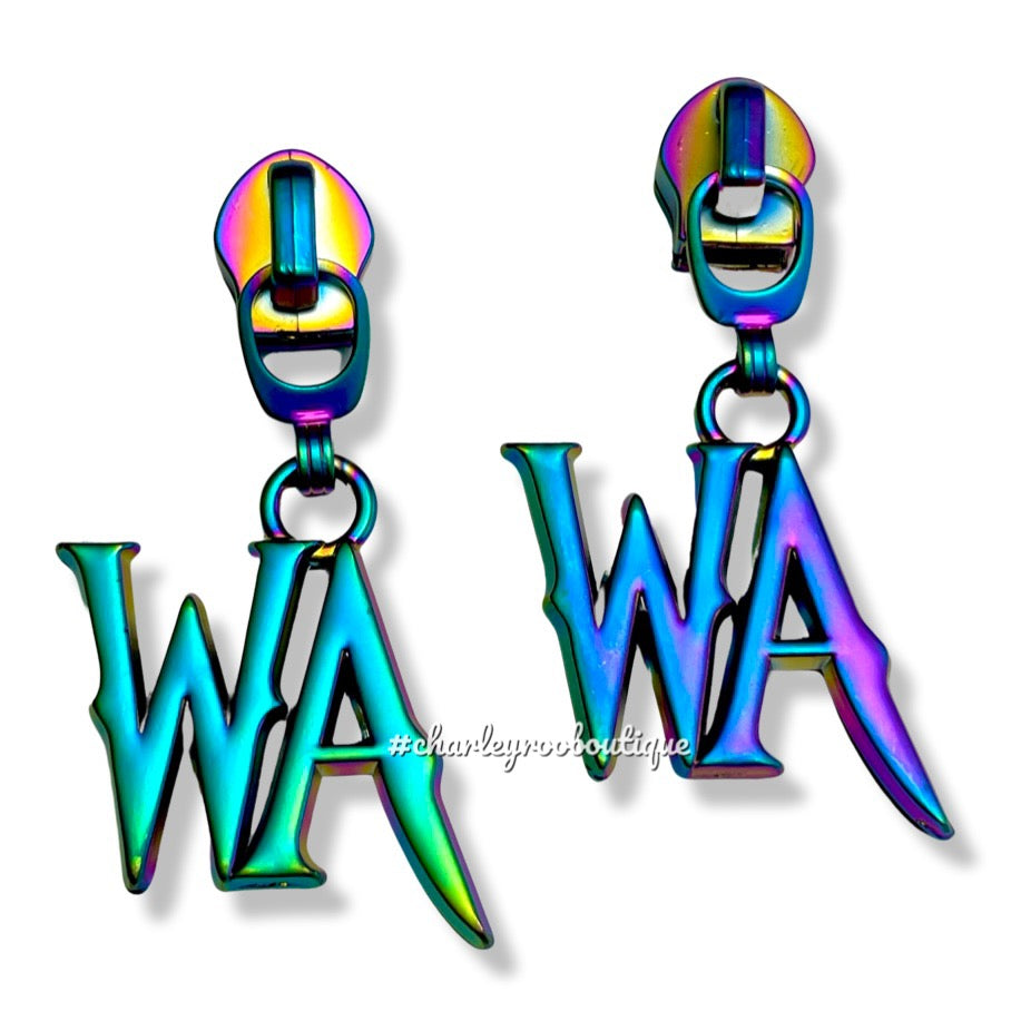 Zipper Pull, WA Initials, Wednesday, Rainbow Matte