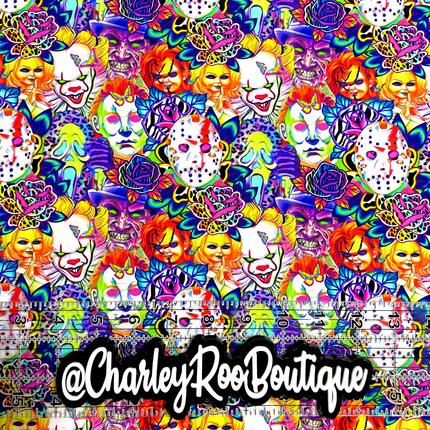 9x14 Tumbler Cut, Custom Fabric, CottonSpandex, High Quality, Mask Cut, Tumbler Fabric, LisaFrank Style Horror, New, Regular Scale