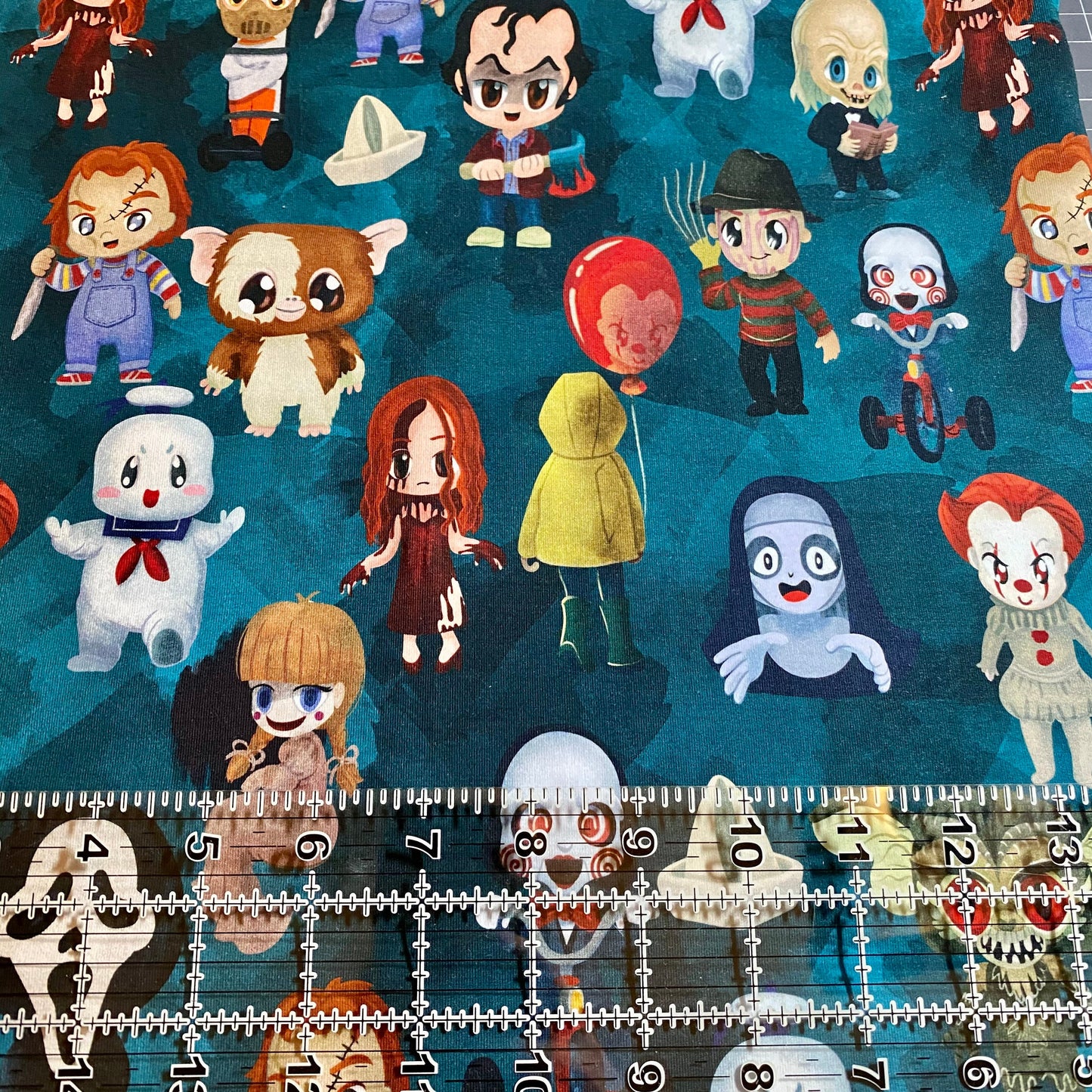 9x14 Tumbler Cut, Custom Fabric, CottonSpandex, High Quality, Mask Cut, Tumbler Fabric, Halloween, Horror, Serial Killers, Teal, Large Scale