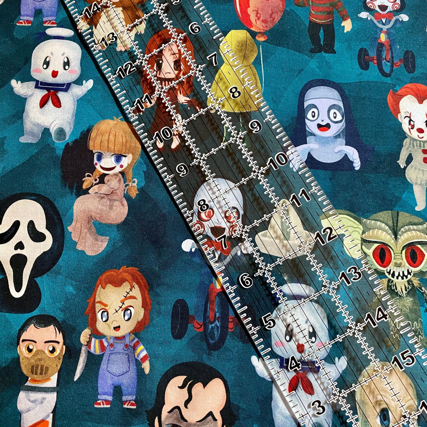 9x14 Tumbler Cut, Custom Fabric, CottonSpandex, High Quality, Mask Cut, Tumbler Fabric, Halloween, Horror, Serial Killers, Teal, Large Scale