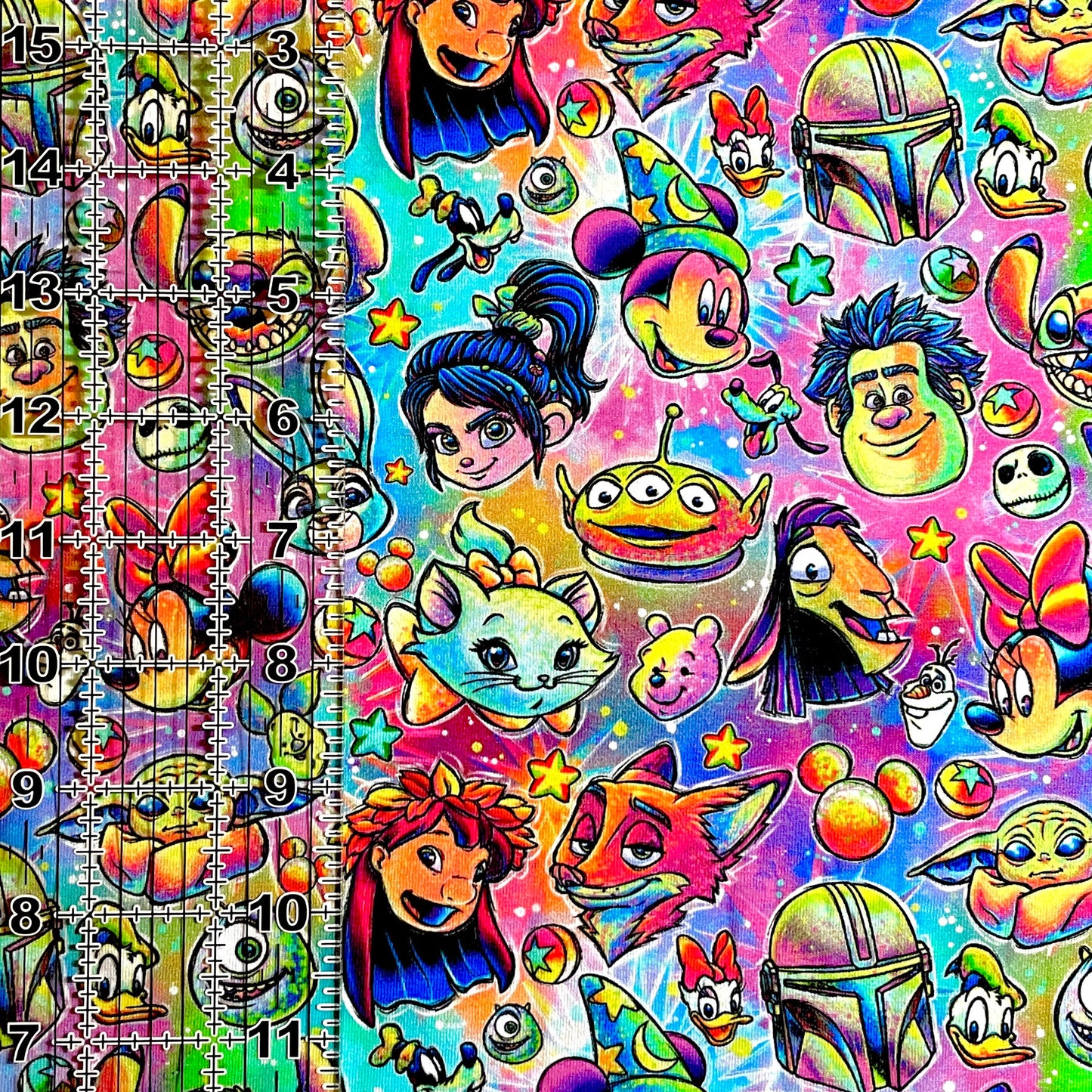 9x14 Tumbler Cut, Custom Fabric, CottonSpandex, High Quality, Mask Cut, Tumbler Fabric, Disney, Art, Cartoons, Bright, Colorful, Neon