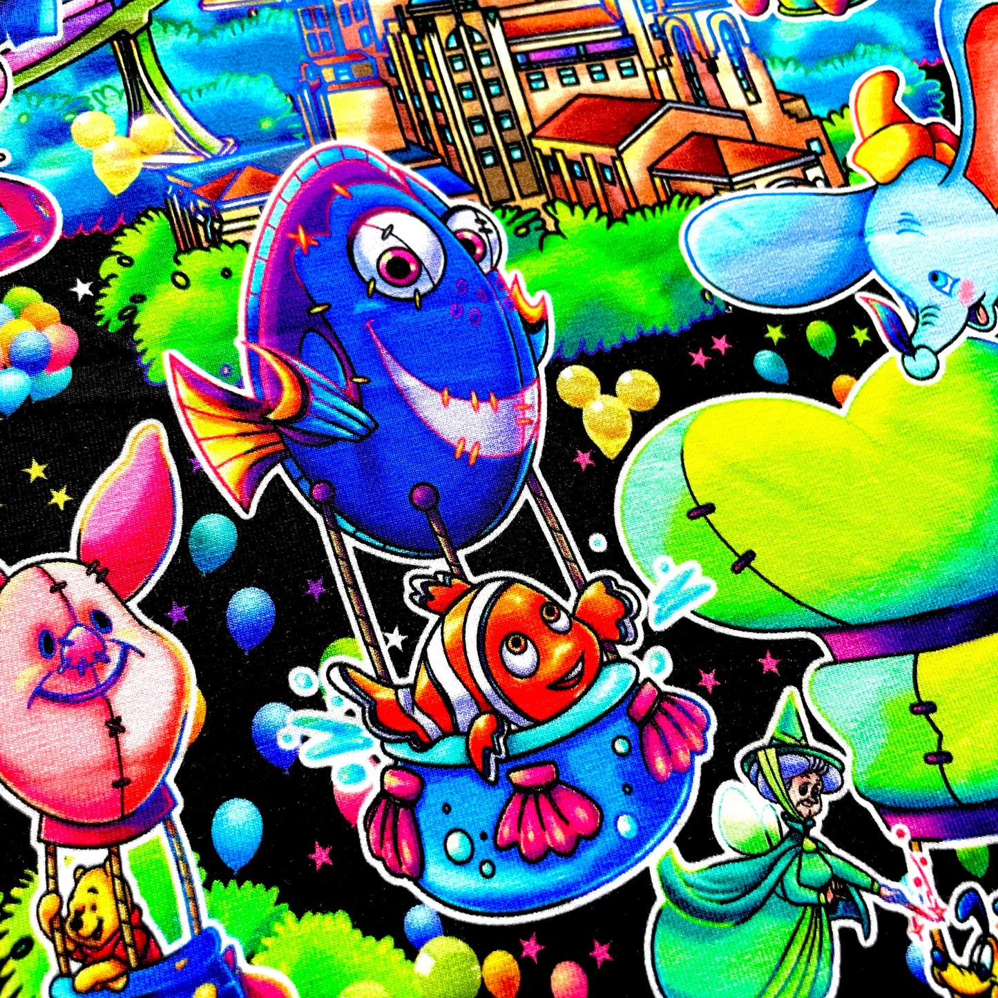 9x14 Tumbler Cut, Custom Fabric, CottonSpandex, High Quality, Mask Cut, Tumbler Fabric, Disney, Best Day, Magical Hot Air Balloons, Black