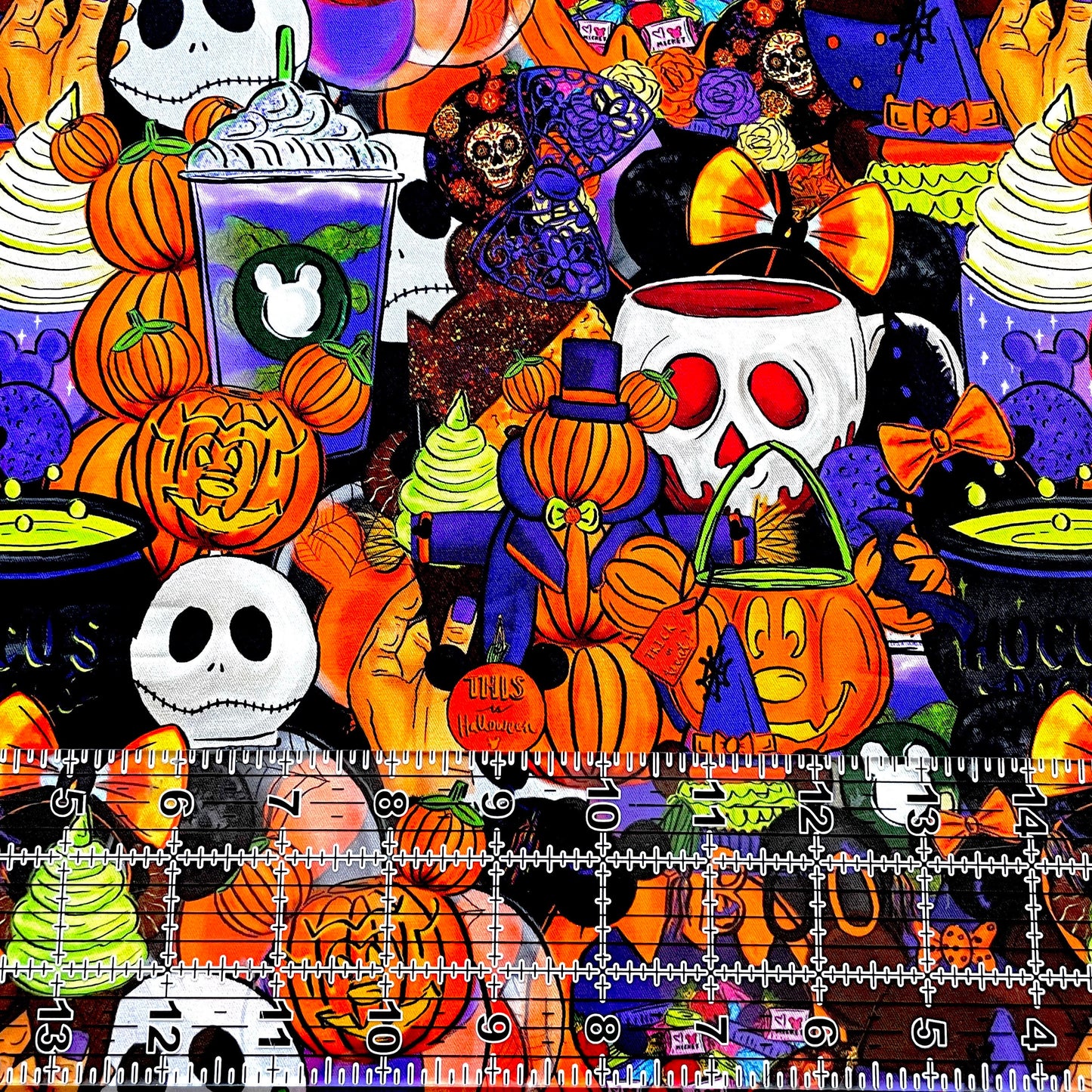 9x14 Tumbler Cut, Custom Fabric, CW Cotton Woven, High Quality, Mask Cut, Tumbler Fabric, Cute, Halloween, Mickey, Trick or Treat, Snacks