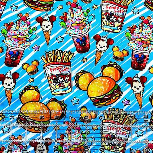 9x14 Tumbler Cut, Custom Fabric, CottonSpandex, High Quality, Mask Cut, Tumbler Fabric, Disney, Mickey, Minnie, Fab Five, Snacks, Blue