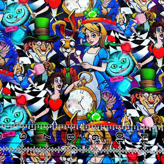 9x14 Tumbler Cut, Custom Fabric, CottonSpandex, High Quality, Mask Cut, Tumbler Cut, Alice, Cheshire Cat, Wonderland Grows Darker