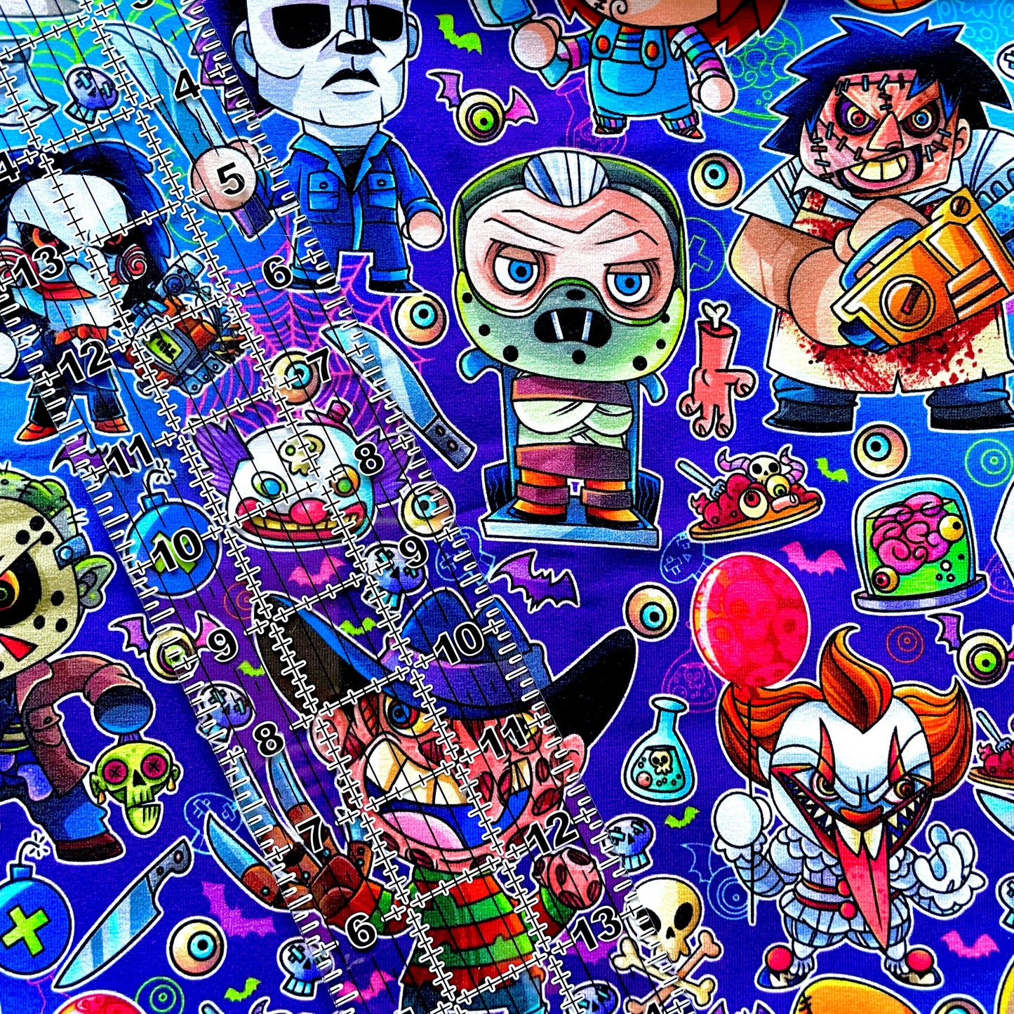 9x14 Tumbler Cut, Custom Fabric, CottonSpandex, High Quality, Mask Cut, Tumbler Fabric, Halloween, Horror, Serial Killers, Chibi, Purple, Toon Killers