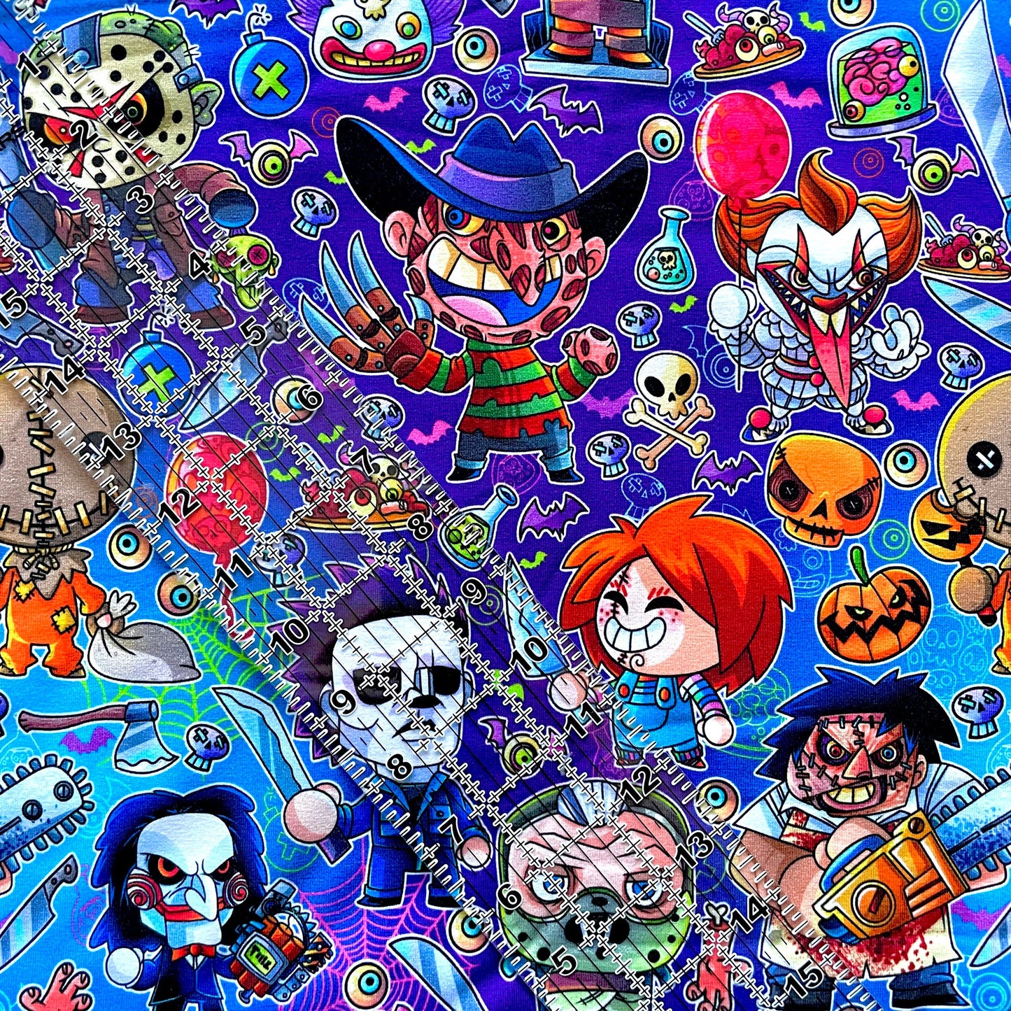 9x14 Tumbler Cut, Custom Fabric, CottonSpandex, High Quality, Mask Cut, Tumbler Fabric, Halloween, Horror, Serial Killers, Chibi, Purple, Toon Killers
