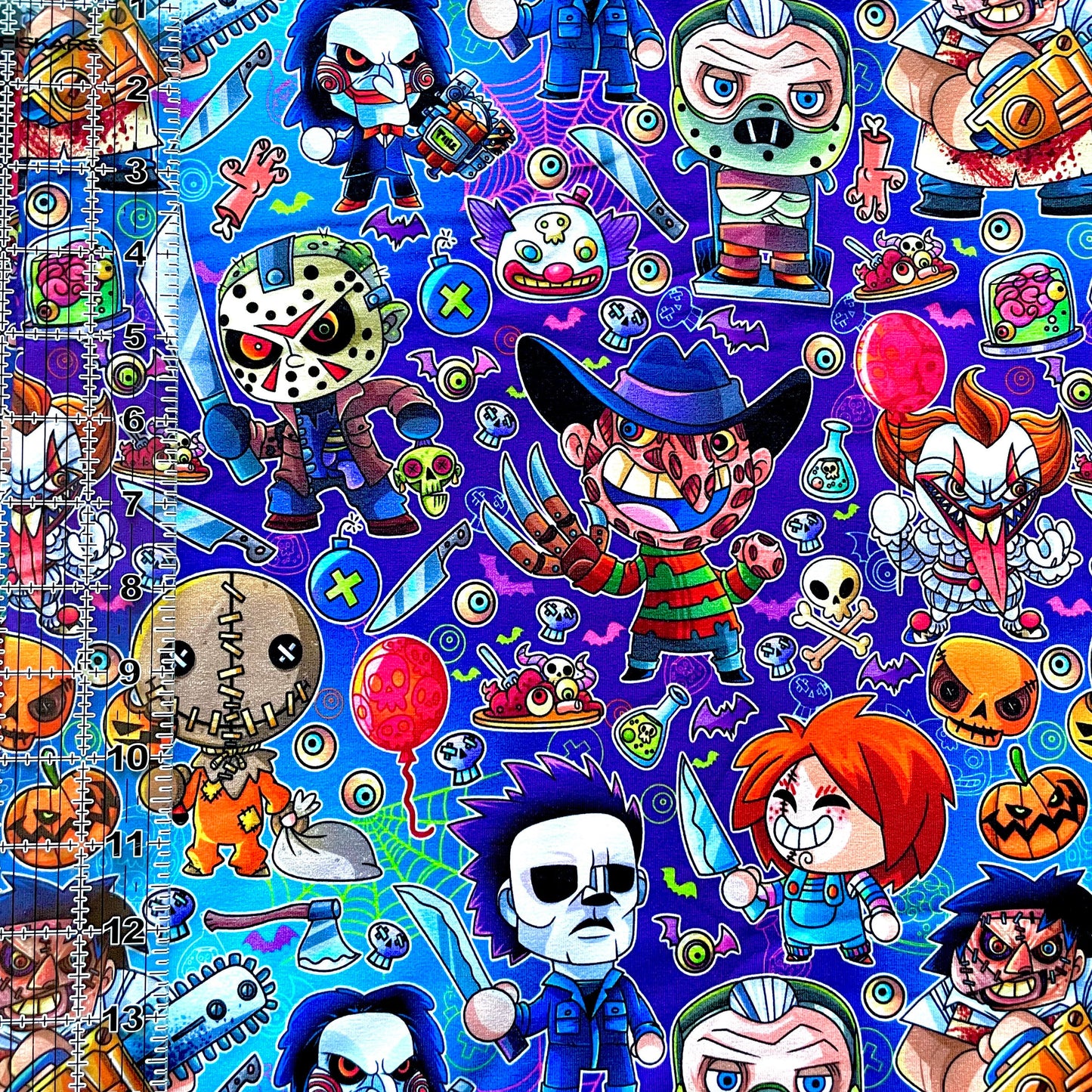 9x14 Tumbler Cut, Custom Fabric, CottonSpandex, High Quality, Mask Cut, Tumbler Fabric, Halloween, Horror, Serial Killers, Chibi, Purple, Toon Killers