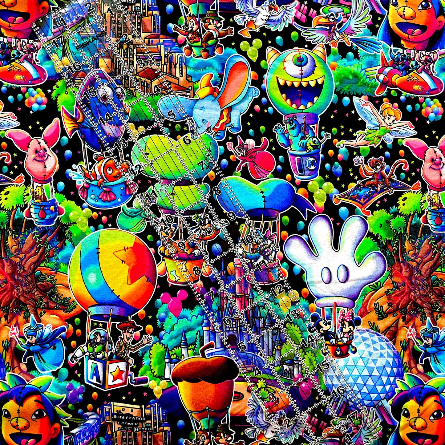 9x14 Tumbler Cut, Custom Fabric, CottonSpandex, High Quality, Mask Cut, Tumbler Fabric, Disney, Best Day, Magical Hot Air Balloons, Black