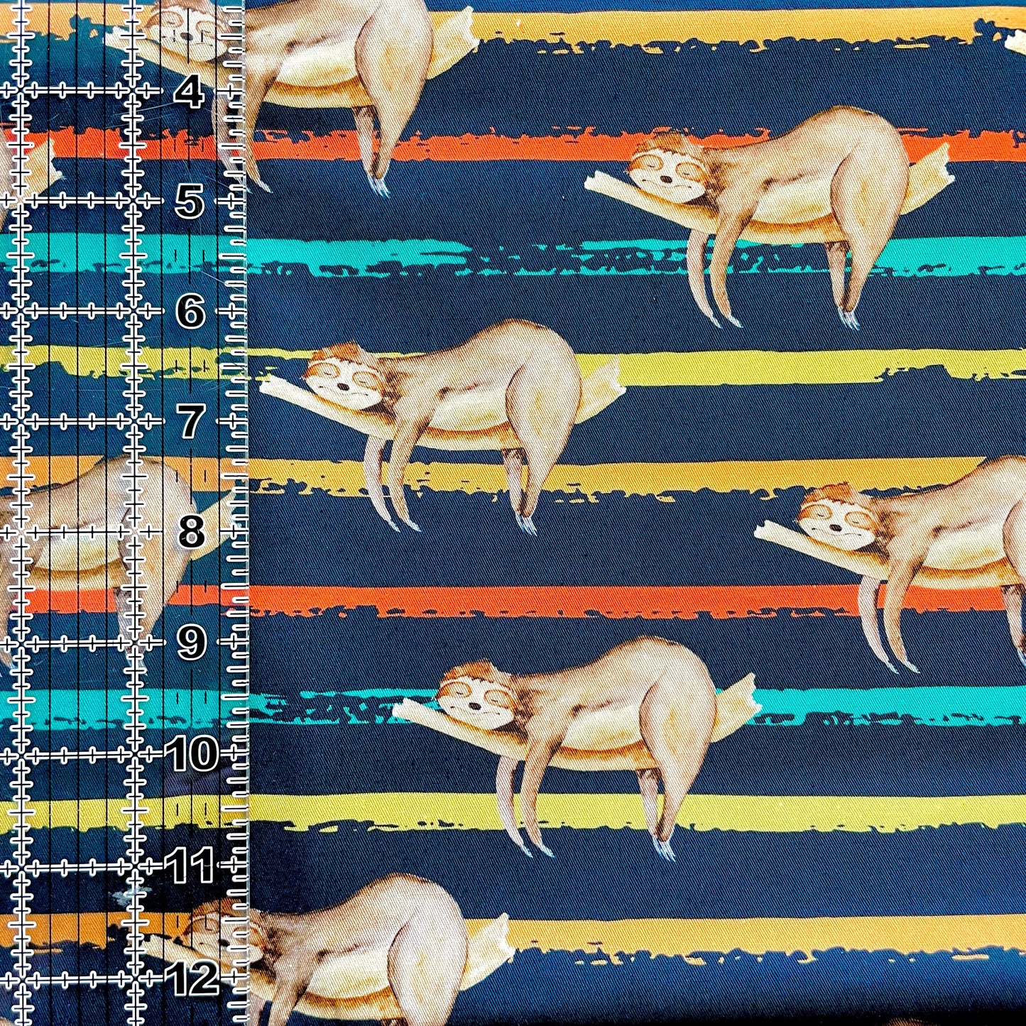 9x14 Tumbler Cut, Custom Fabric, CW Cotton Woven, High Quality, Mask Cut, Tumbler Fabric, Cute, Striped Sloths, Sleepy Sloth