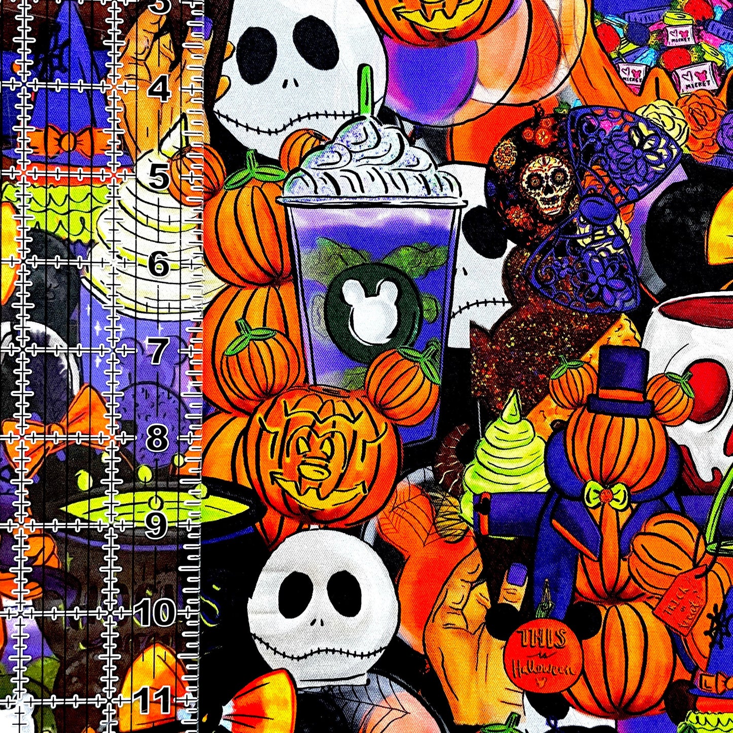 9x14 Tumbler Cut, Custom Fabric, CW Cotton Woven, High Quality, Mask Cut, Tumbler Fabric, Cute, Halloween, Mickey, Trick or Treat, Snacks