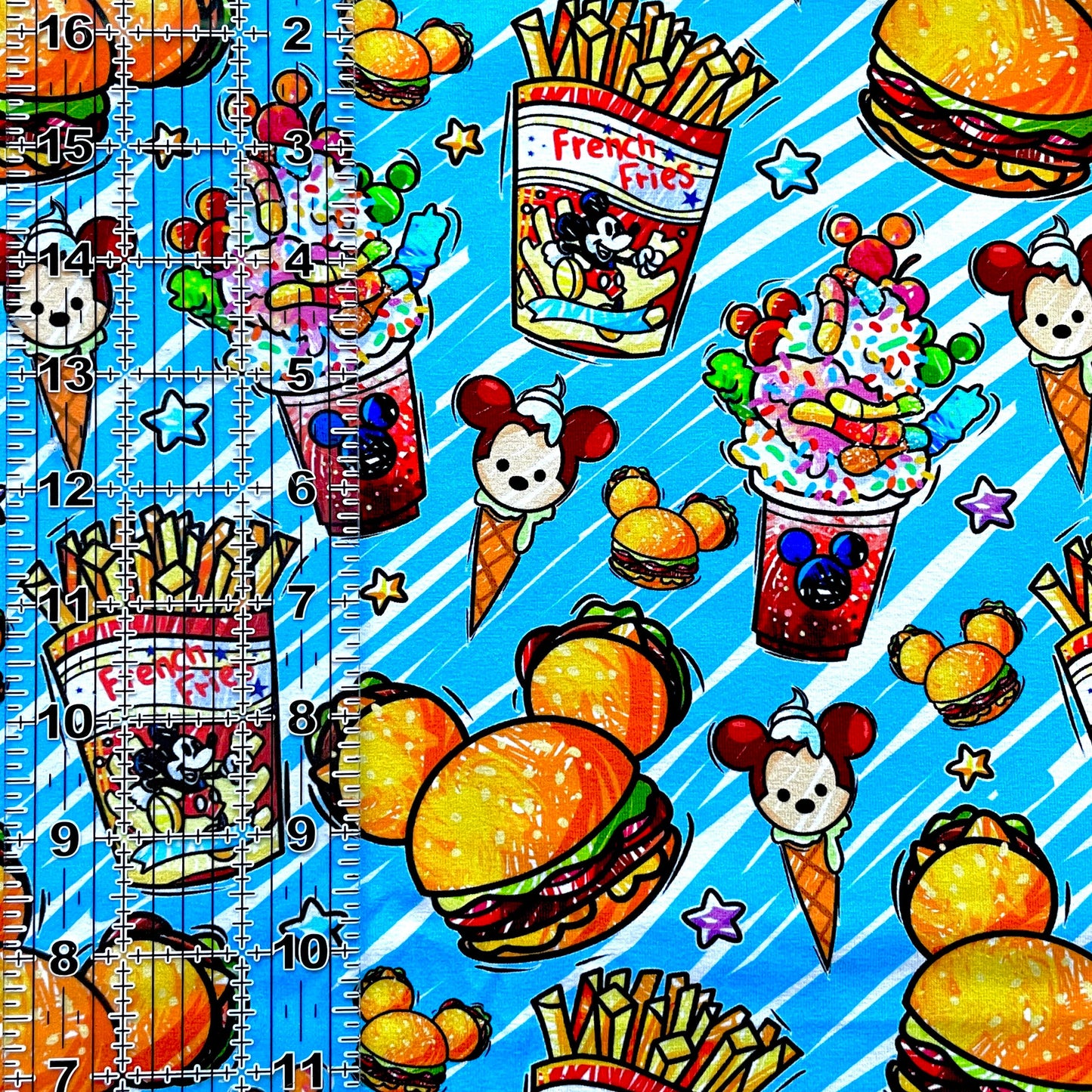 9x14 Tumbler Cut, Custom Fabric, CottonSpandex, High Quality, Mask Cut, Tumbler Fabric, Disney, Mickey, Minnie, Fab Five, Snacks, Blue