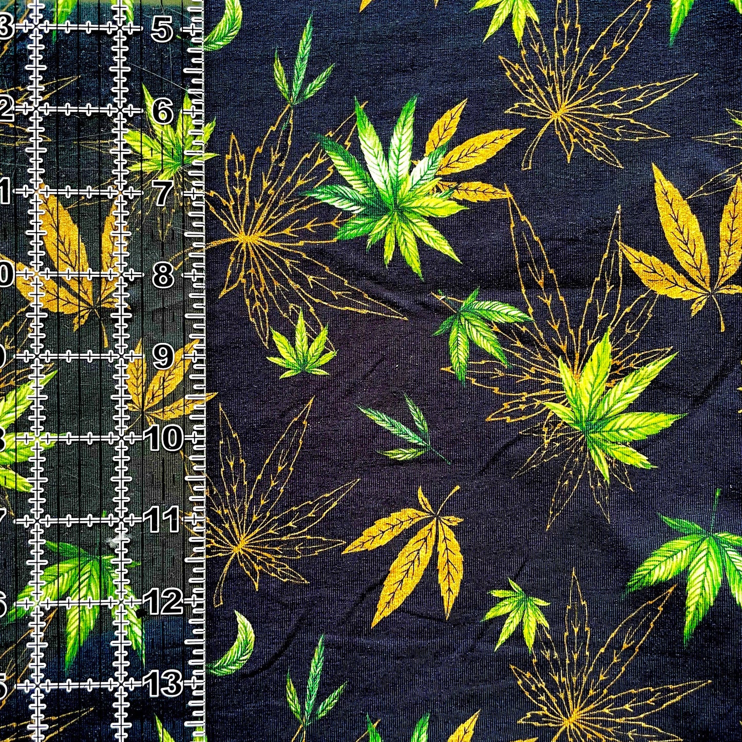 9x14 Tumbler Cut, Custom Fabric, CottonSpandex, High Quality, Mask Cut, Tumbler Fabric, Adult, Weed, 420, High, Stoner, Gold/Green Leaves