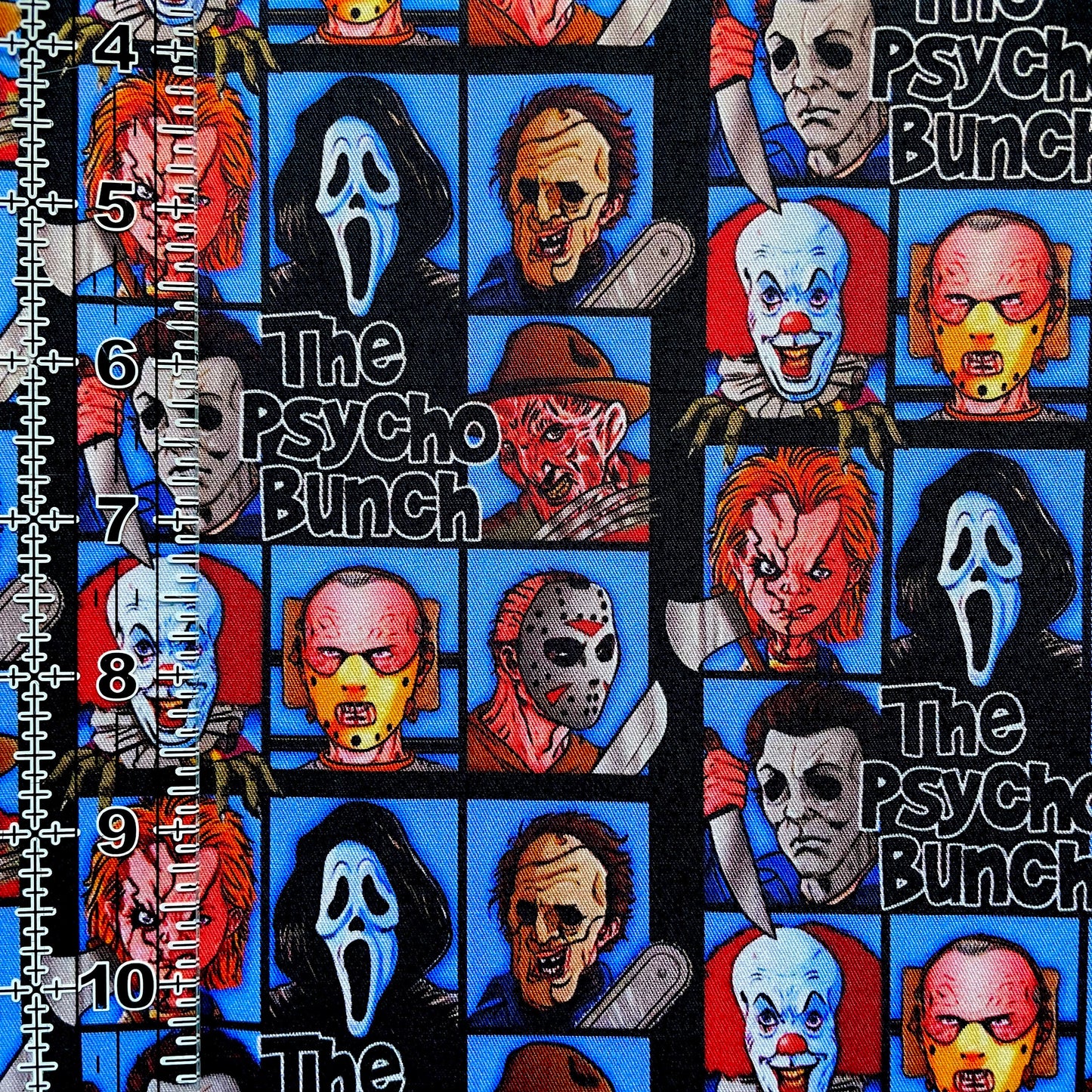 9x14 Tumbler Cut, Custom Fabric, CW Cotton Woven, High Quality, Mask Cut, Tumbler Fabric, Horror, Killer, Halloween, The Psycho Bunch LARGER