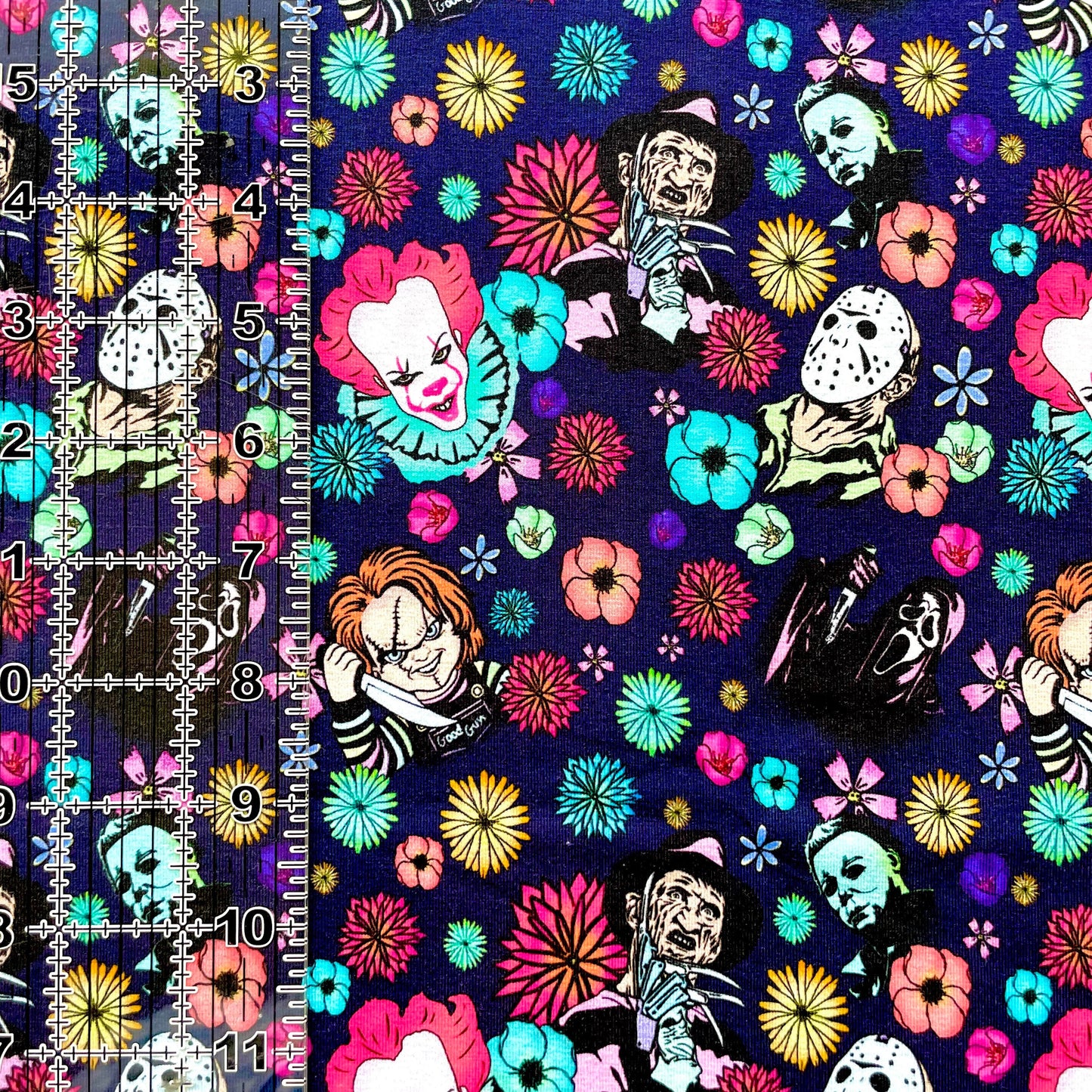 9x14 Tumbler Cut, Custom Fabric, CottonSpandex, High Quality, Mask Cut, Tumbler Fabric, Halloween, Horror, Floral, Flower Killers, Retro