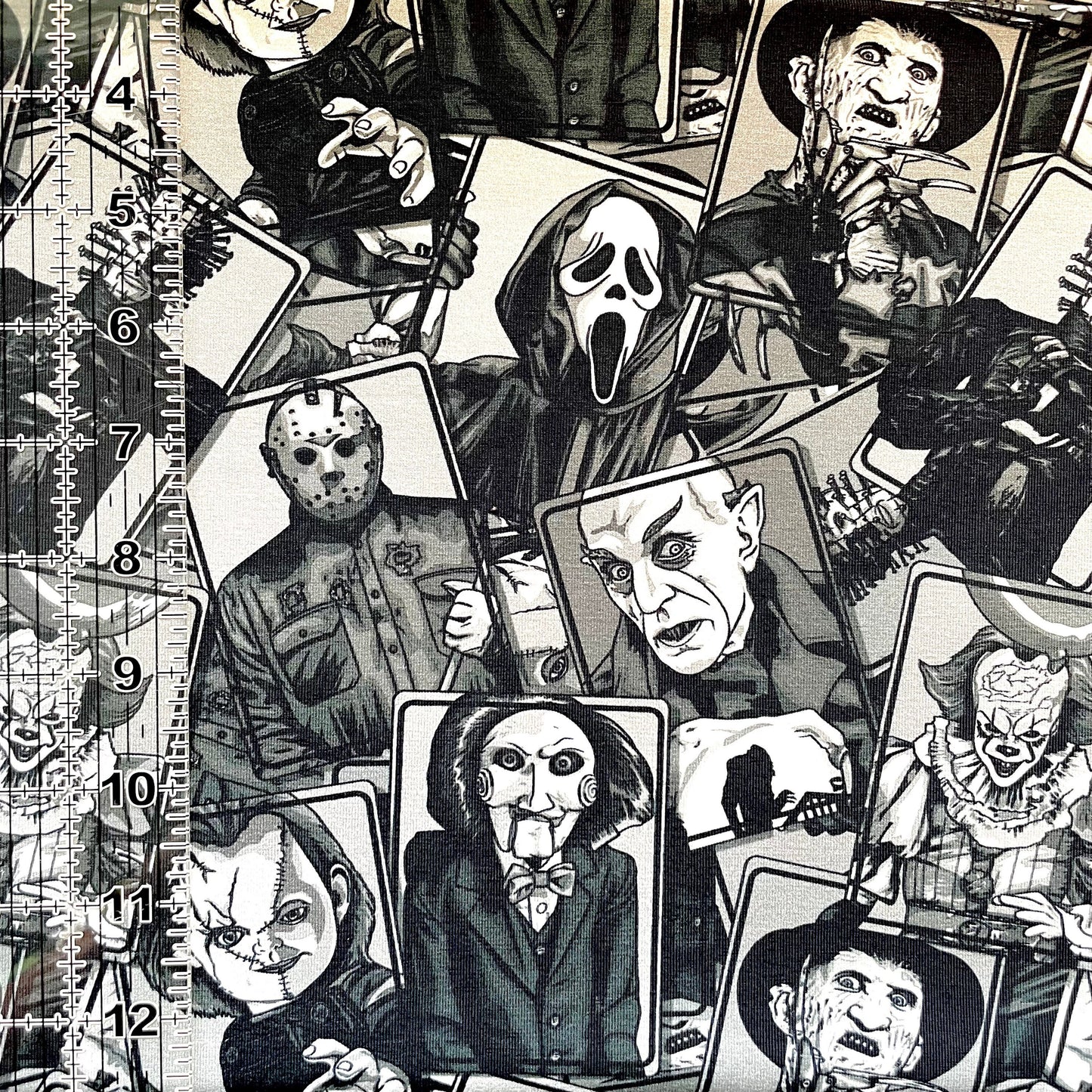 9x14 Tumbler Cut, Custom Fabric, CottonSpandex, High Quality, Mask Cut, Tumbler Fabric, Halloween, Horror, Serial Killers, Blocks BW