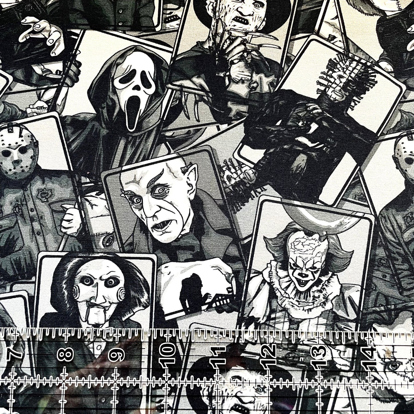 9x14 Tumbler Cut, Custom Fabric, CottonSpandex, High Quality, Mask Cut, Tumbler Fabric, Halloween, Horror, Serial Killers, Blocks BW
