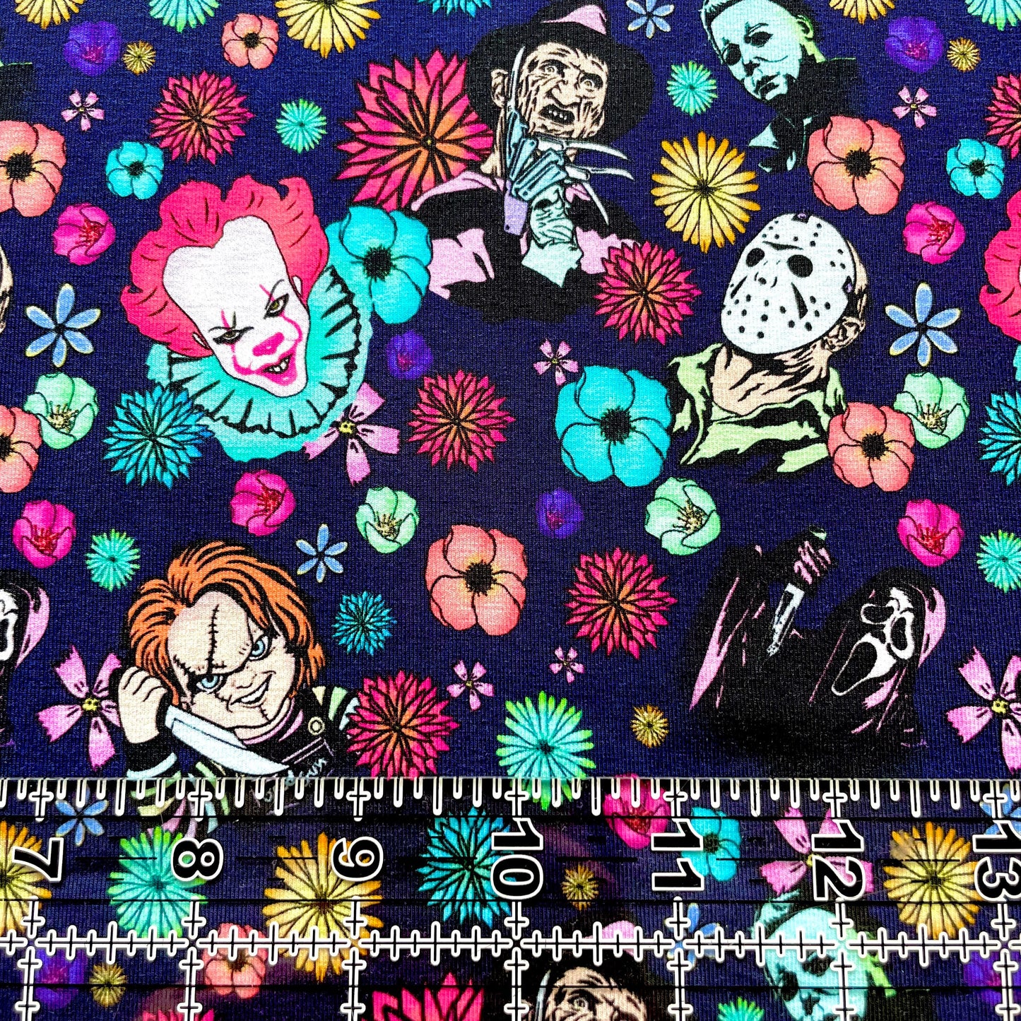9x14 Tumbler Cut, Custom Fabric, CottonSpandex, High Quality, Mask Cut, Tumbler Fabric, Halloween, Horror, Floral, Flower Killers, Retro