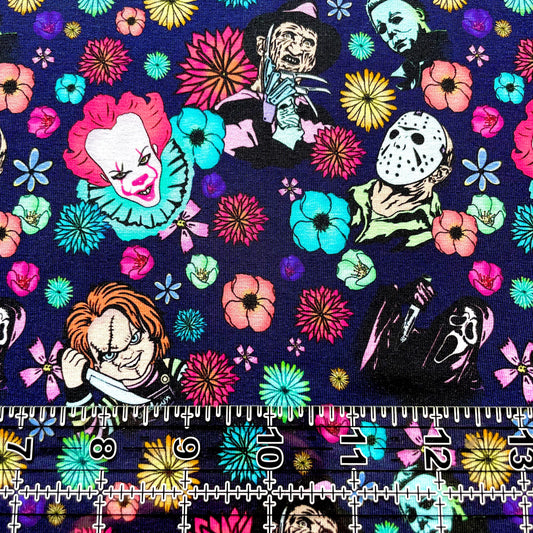 9x14 Tumbler Cut, Custom Fabric, CottonSpandex, High Quality, Mask Cut, Tumbler Fabric, Halloween, Horror, Floral, Flower Killers, Retro
