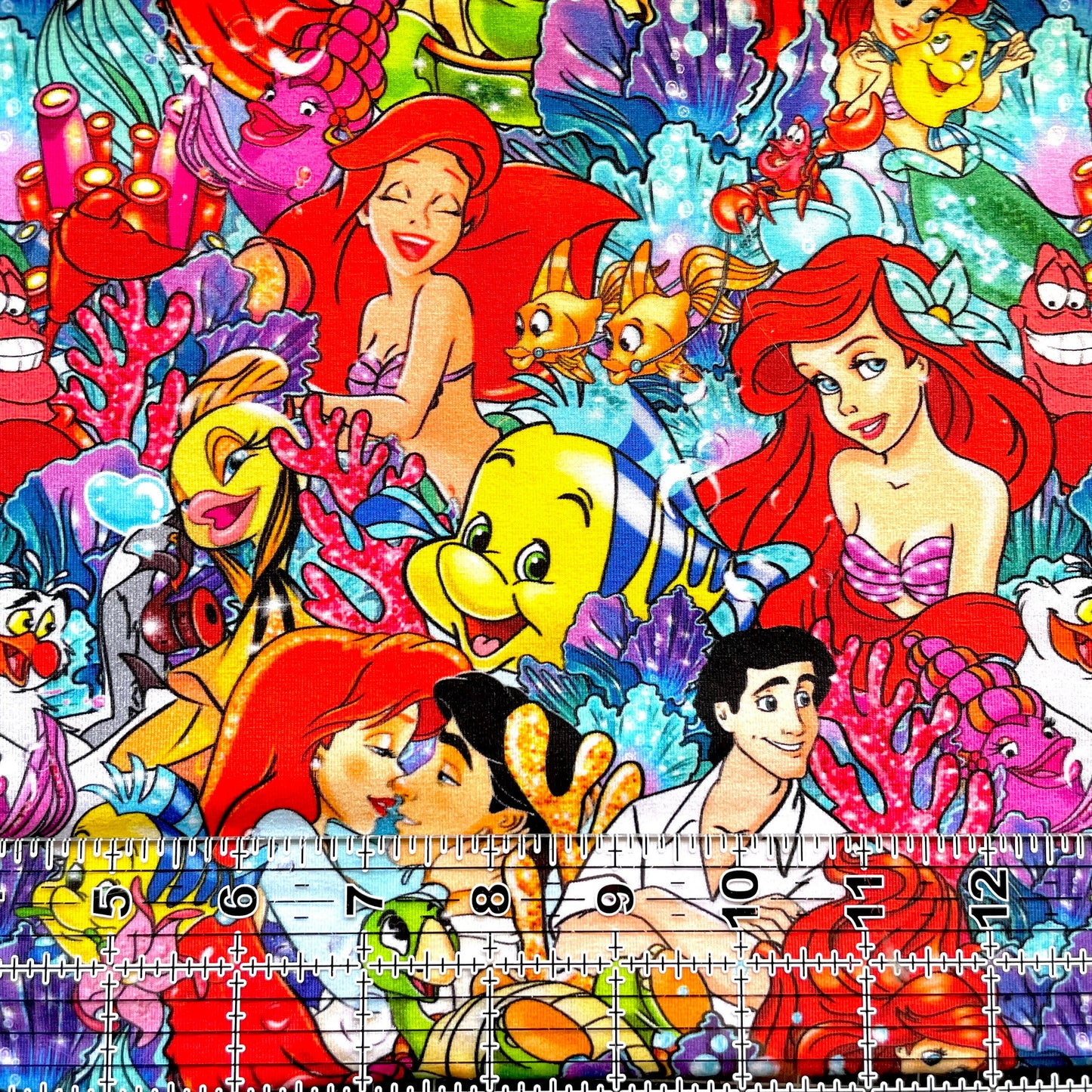 9x14 Tumbler Cut, Custom Fabric, CottonSpandex, High Quality, Mask Cut, Tumbler Fabric, Disney, Ariel, Mermaid, Little, Sebastian, Glitter