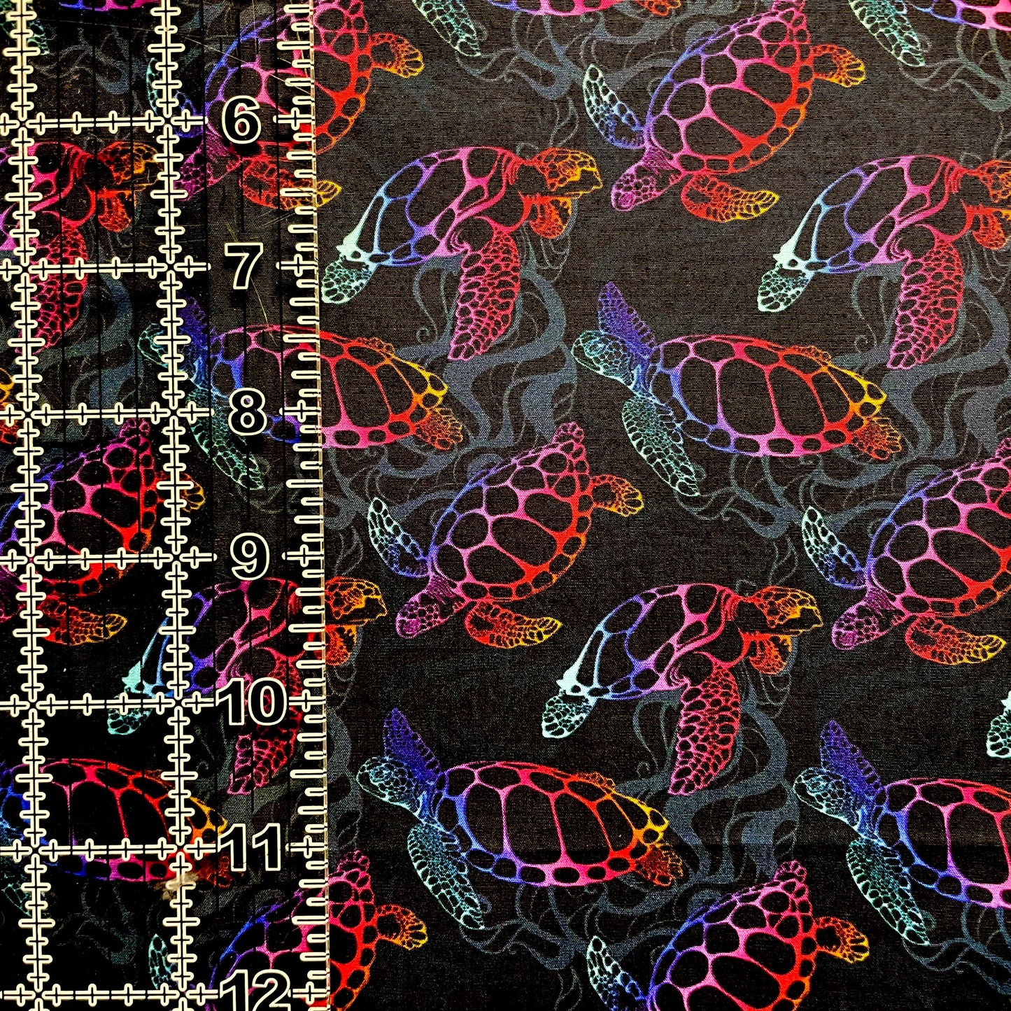9x14 Tumbler Cut, Custom Fabric, CW Cotton Woven, High Quality, Mask Cut, Tumbler Fabric, Cute, Beautiful, Sea Turtles, Black Background