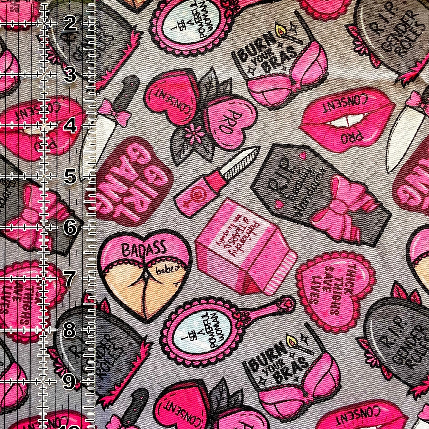 9x14 Tumbler Cut, Custom Fabric, CW Cotton Woven, High Quality, Mask Cut, Tumbler Fabric, Horror, Halloween, Girl Gang, Badass, Grey
