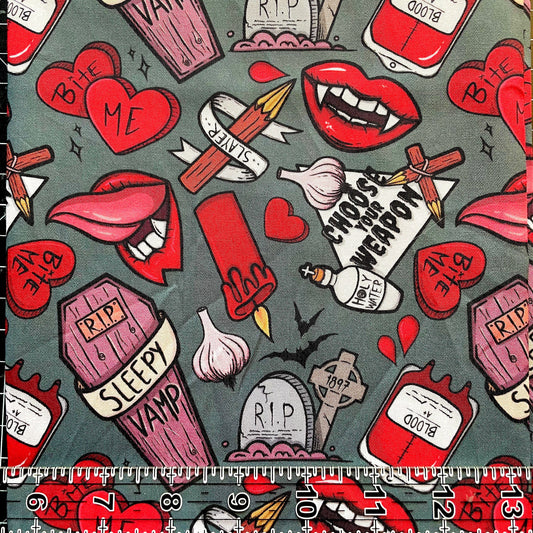 9x14 Tumbler Cut, Custom Fabric, CW Cotton Woven, High Quality, Mask Cut, Tumbler Fabric, Horror, Halloween, Girl, Bite Me, Grey