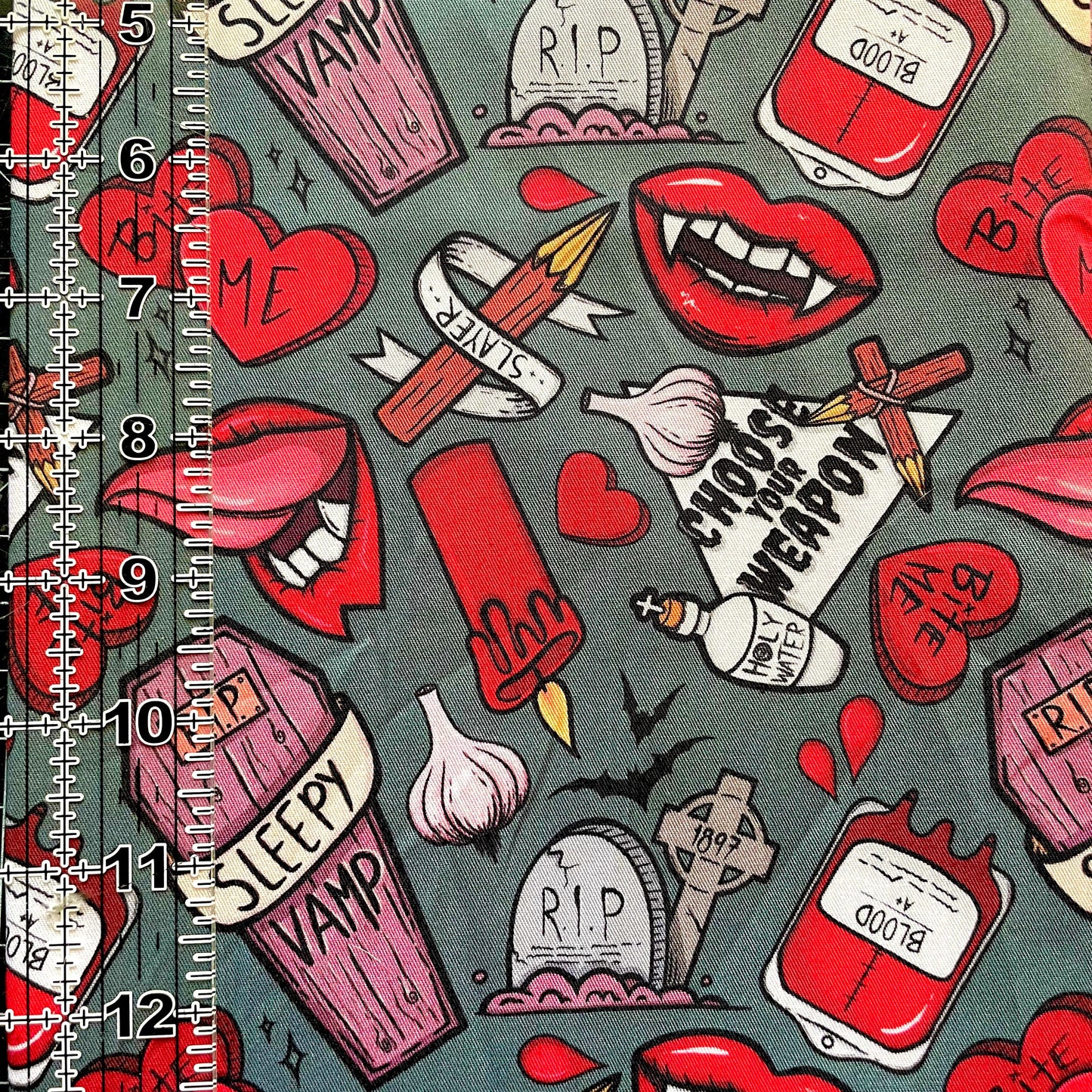 9x14 Tumbler Cut, Custom Fabric, CW Cotton Woven, High Quality, Mask Cut, Tumbler Fabric, Horror, Halloween, Girl, Bite Me, Grey
