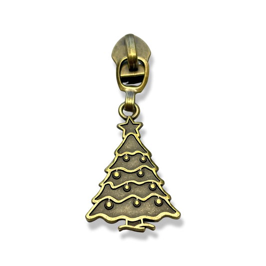Zipper Pull, Christmas Tree, Antique Brass
