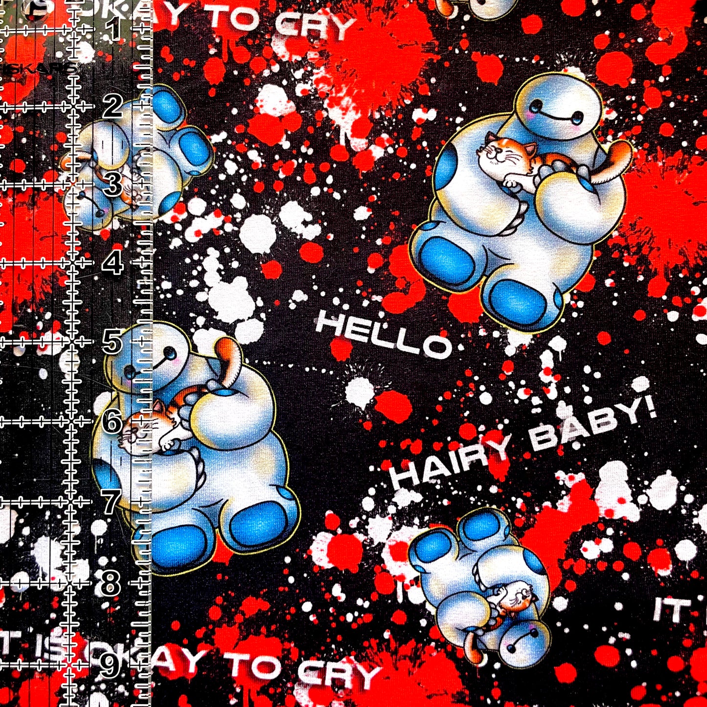 9x14 Tumbler Cut, Custom Fabric, CottonSpandex, High Quality, Mask Cut, Tumbler Fabric, Cartoon, Hairy Baby, Cute, Red Splatter