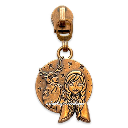 Zipper Pull, Anna and Sven, Frozen, Antique Copper