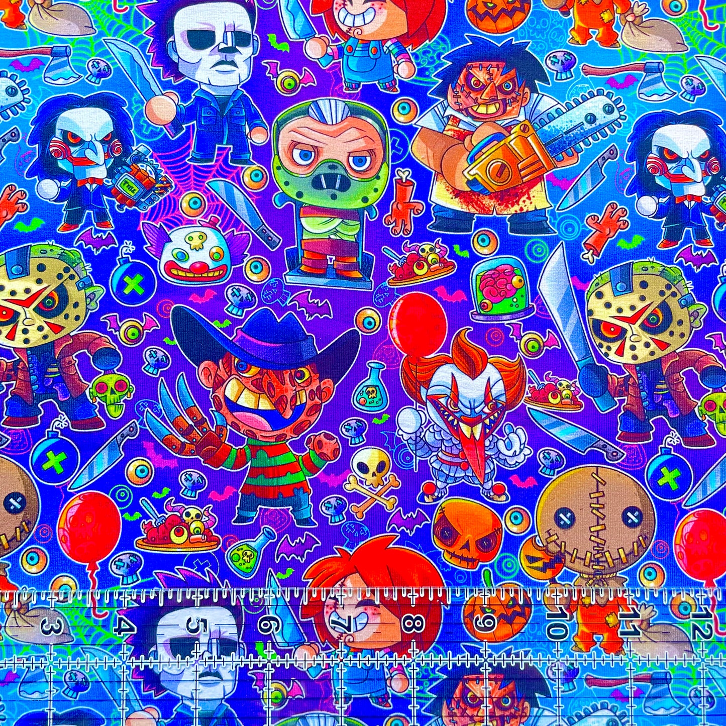 9x14 Tumbler Cut, Custom Fabric, CottonSpandex, High Quality, Mask Cut, Tumbler Fabric, Halloween, Horror, Serial Killers, Chibi, Purple, Toon Killers