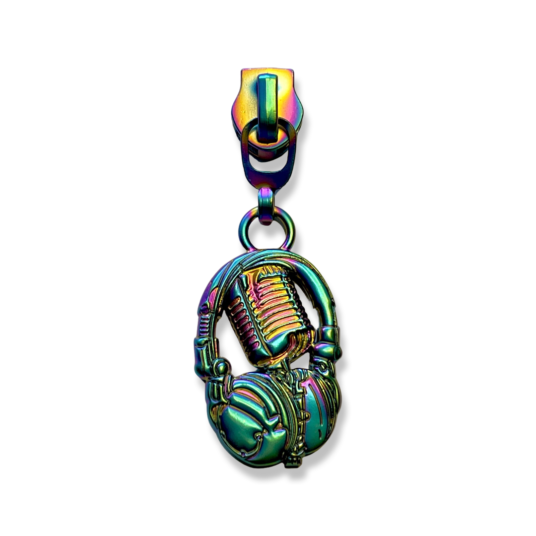 Zipper Pull, Music, Microphone, Headphones, Rainbow Matte