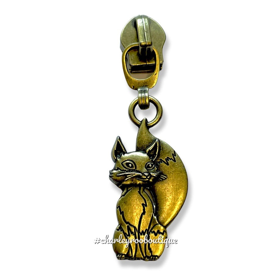 Zipper Pull, Fox, Antique Brass