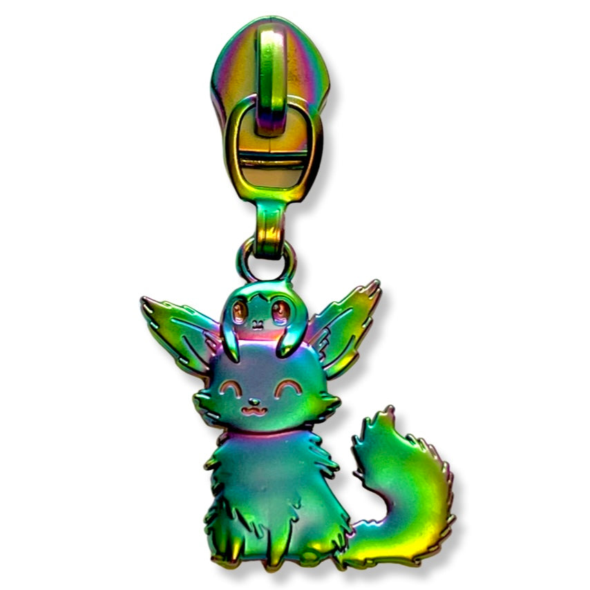 Zipper Pull, Crystal Fox Friend, Gamer, Rainbow Matte